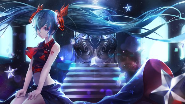 Anime picture 1920x1080 with vocaloid hatsune miku hxxg single looking at viewer highres wide image sitting purple eyes twintails bare shoulders blue hair very long hair tattoo girl bow ribbon (ribbons) hair bow hair ribbon star (symbol)