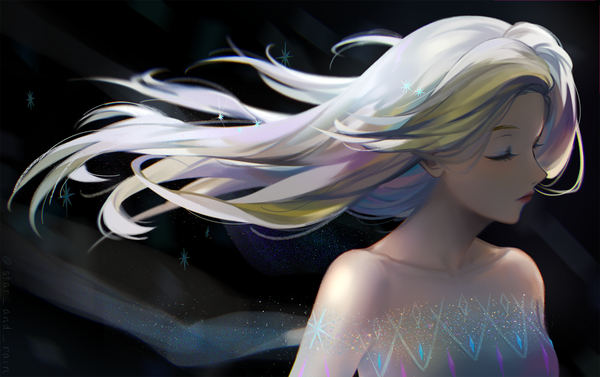 Anime picture 1397x879 with frozen (disney) disney elsa (frozen) rainry single long hair bare shoulders signed payot silver hair upper body eyes closed profile off shoulder twitter username lipstick floating hair eyeshadow red lipstick makeup