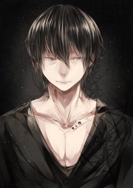 Anime picture 853x1204 with original gubo single tall image short hair black hair simple background brown eyes signed looking away dark background boy beads