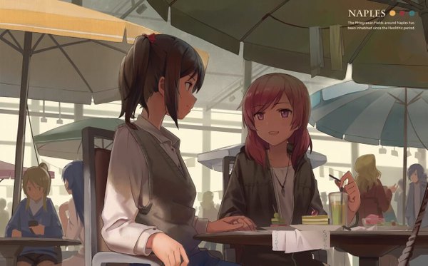 Anime picture 1223x761 with love live! school idol project sunrise (studio) love live! nishikino maki yazawa nico short hair open mouth black hair smile red eyes wide image sitting twintails purple eyes multiple girls looking away pink hair :d profile shadow