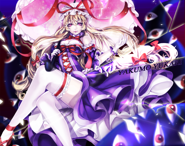 Anime picture 1000x787 with touhou yakumo yukari bbbox (hotpppink) single long hair looking at viewer blonde hair red eyes bare shoulders crossed legs eyes girl thighhighs dress gloves ribbon (ribbons) bow hair bow white thighhighs frills