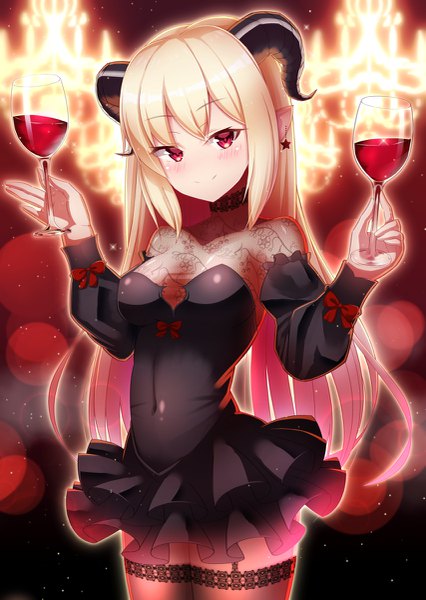 Anime picture 853x1200 with virtual youtuber ruri manato single long hair tall image looking at viewer blush fringe breasts light erotic blonde hair smile red eyes standing holding payot horn (horns) pointy ears covered navel demon girl
