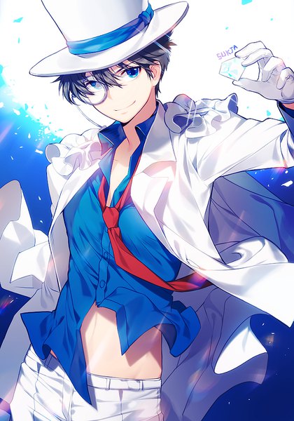 Anime picture 700x1000 with magic kaito kaito kid kuroba kaito sorolp single tall image looking at viewer fringe short hair blue eyes black hair smile hair between eyes holding signed wind bare belly blue background open collar boy