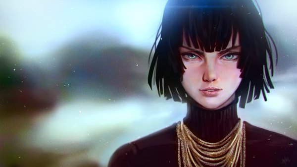Anime picture 2560x1440 with one-punch man madhouse fubuki (one-punch man) justin leyva (steamy tomato) single looking at viewer fringe highres short hair blue eyes black hair wide image parted lips blurry realistic face girl turtleneck
