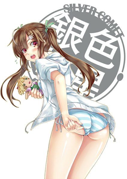 Anime picture 706x1000 with original hika (cross-angel) single long hair tall image blush open mouth light erotic red eyes brown hair twintails ass looking back girl swimsuit bikini doll (dolls)