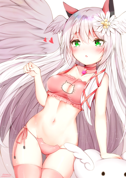 Anime picture 1241x1753 with original lucielle sana hamada single long hair tall image blush fringe breasts open mouth light erotic hair between eyes standing white background bare shoulders green eyes signed animal ears payot looking away