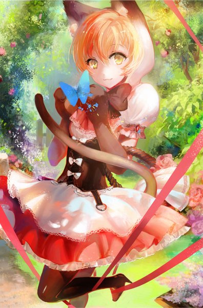 Anime picture 890x1346 with love live! school idol project sunrise (studio) love live! hoshizora rin juexing (moemoe3345) single tall image looking at viewer fringe short hair standing animal ears yellow eyes bent knee (knees) tail animal tail cat ears orange hair short sleeves cat girl