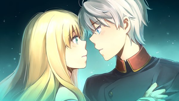 Anime picture 800x450 with aldnoah.zero a-1 pictures slaine troyard asseylum vers allusia aki (neyuki41028) long hair blush fringe short hair blue eyes simple background blonde hair hair between eyes wide image green eyes silver hair parted lips profile couple gradient background