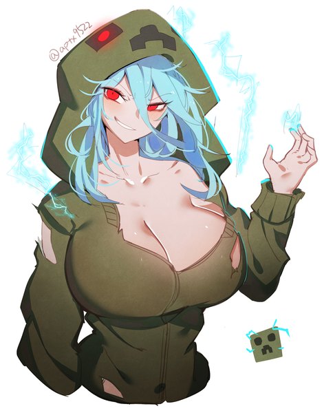 Anime picture 2720x3484 with minecraft creeper at2. single long hair tall image looking at viewer fringe highres breasts light erotic simple background hair between eyes red eyes white background signed cleavage upper body arm up aqua hair