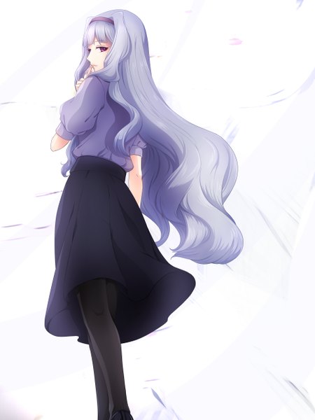Anime picture 1920x2560 with idolmaster shijou takane fukufuku (artist) single long hair tall image highres red eyes white background silver hair looking back finger to mouth girl dress skirt hairband long skirt