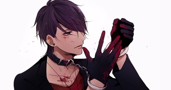Anime picture 956x505 with lucky dog giulio di bondone komichi96 single fringe short hair simple background wide image white background purple eyes looking away purple hair hair over one eye piercing ear piercing boy gloves black gloves blood chain