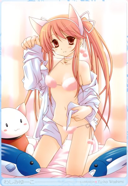 Anime picture 2323x3379 with mame-p single tall image highres light erotic brown hair bare shoulders brown eyes animal ears absurdres animal tail barefoot cat ears open clothes cat girl cat tail open shirt kneeling girl navel