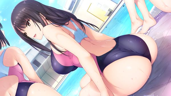 Anime picture 1280x720 with onee-chan no yuuwaku hibiki works kisaragi maaya iizuki tasuku long hair fringe breasts light erotic smile wide image large breasts sitting multiple girls brown eyes looking away game cg sky ass outdoors from behind