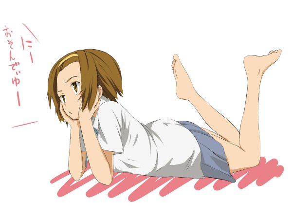 Anime picture 1200x900 with k-on! kyoto animation tainaka ritsu single short hair brown hair brown eyes barefoot legs soles on stomach pout tomboy bored uniform school uniform
