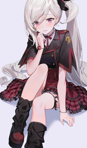 Anime picture 1777x3000 with blue archive mutsuki (blue archive) isaya (pixiv4541633) single tall image highres simple background sitting purple eyes looking away silver hair very long hair side ponytail girl knee boots