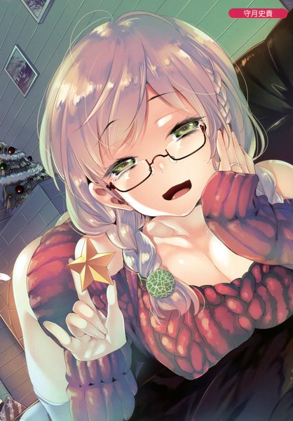 Anime picture 2384x3423 with melonbooks kamizuki shiki single long hair tall image looking at viewer highres breasts open mouth light erotic green eyes silver hair ass braid (braids) scan girl thighhighs white thighhighs glasses star (symbol)