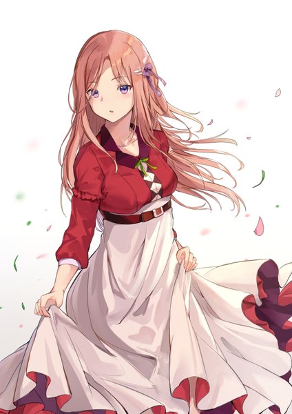 Anime picture 1190x1684 with original mosta (lo1777789) single long hair tall image looking at viewer blush fringe breasts open mouth simple background brown hair standing white background purple eyes holding long sleeves head tilt floating hair skirt hold
