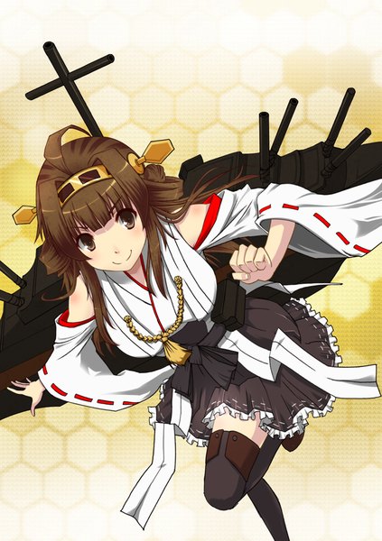 Anime picture 705x1000 with kantai collection kongou battleship kiko (weavehabit) single long hair tall image looking at viewer blush fringe smile brown hair brown eyes bent knee (knees) nontraditional miko girl thighhighs black thighhighs detached sleeves clothes