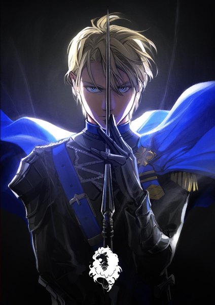 Anime picture 1752x2480 with fire emblem fire emblem: three houses nintendo dimitri alexandre blaiddyd pine11298 single tall image looking at viewer highres short hair blue eyes simple background blonde hair black background serious boy weapon armor gauntlets lance