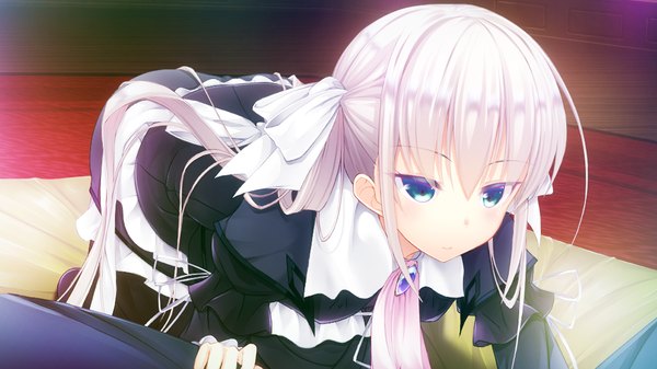 Anime picture 1024x576 with gakuen butou no folklore single long hair blue eyes wide image twintails game cg white hair girl dress bow hair bow bed