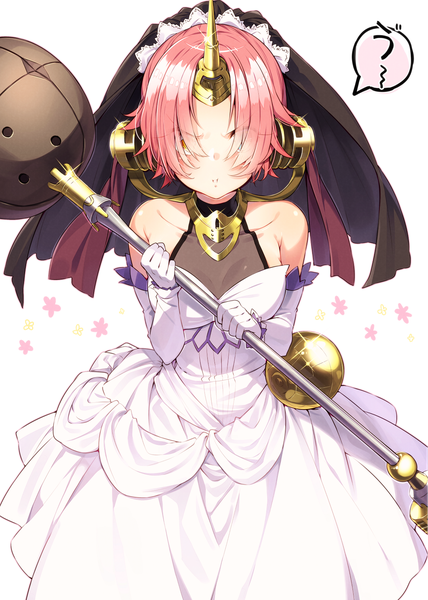Anime picture 1191x1670 with fate (series) fate/apocrypha frankenstein's monster (fate) sakuragi ren single tall image fringe short hair simple background white background bare shoulders holding pink hair horn (horns) sparkle heterochromia angry frown hair over eyes girl