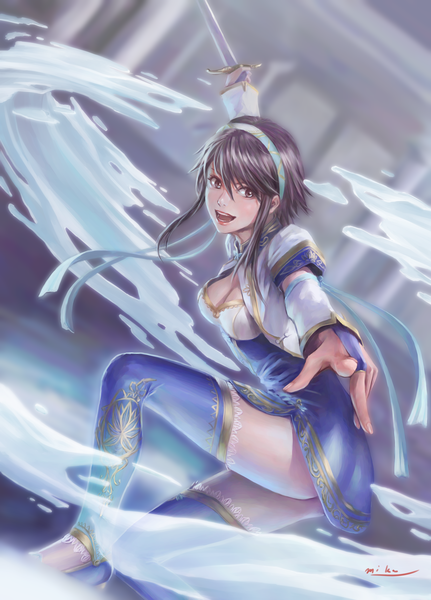 Anime picture 2650x3685 with soulcalibur chai xianghua murasaki-sin single tall image looking at viewer fringe highres short hair breasts open mouth light erotic smile hair between eyes holding brown eyes signed payot cleavage purple hair