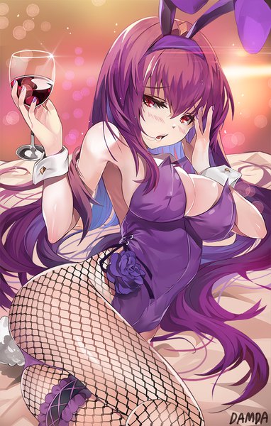 Anime picture 637x1000 with fate (series) fate/grand order scathach (fate) (all) scathach (fate) damda single long hair tall image looking at viewer blush fringe breasts open mouth light erotic hair between eyes red eyes large breasts holding signed animal ears