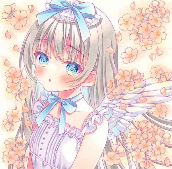 Anime picture 1522x1500 with original puu (kari---ume) single long hair looking at viewer blush open mouth blue eyes upper body from above grey hair :o cherry blossoms white wings traditional media girl ribbon (ribbons) petals wings