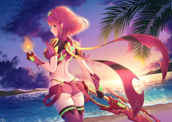 Anime picture 4093x2894 with xenoblade xenoblade 2 pyra (xenoblade) ken-san single looking at viewer blush fringe highres short hair breasts light erotic smile red eyes large breasts standing holding signed payot absurdres