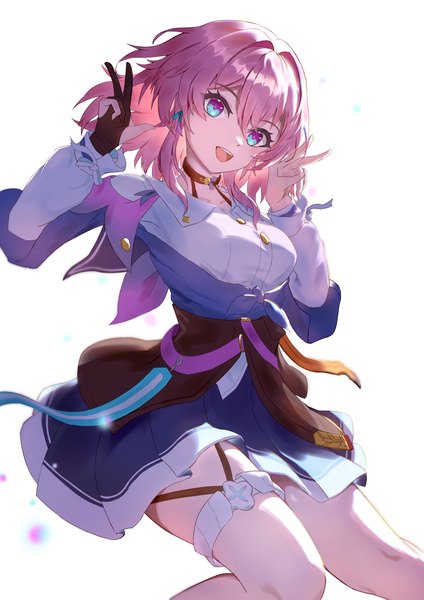 Anime picture 1158x1637 with honkai: star rail honkai (series) march 7th (honkai: star rail) naeeeegi single tall image fringe short hair open mouth simple background hair between eyes white background pink hair :d victory multicolored eyes girl single glove