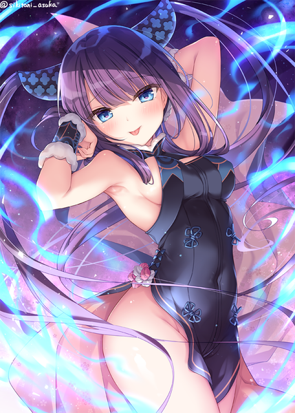Anime picture 700x979 with fate (series) fate/grand order yang guifei (fate) shikitani asuka single long hair tall image looking at viewer blush fringe blue eyes light erotic standing twintails payot purple hair blunt bangs traditional clothes arms up armpit (armpits)