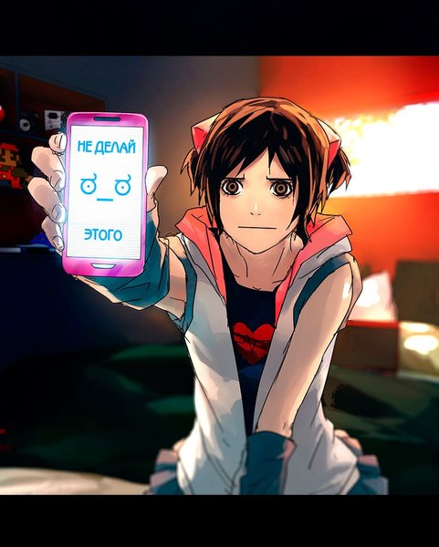 Anime picture 800x997 with fisheye placebo aleks yuumei single tall image fringe short hair brown hair holding brown eyes indoors pointing girl hood mobile phone smartphone