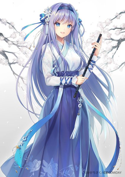 Anime picture 707x1000 with original kagachi saku single tall image looking at viewer blush fringe open mouth blue eyes smile standing white background holding signed payot purple hair long sleeves very long hair traditional clothes :d