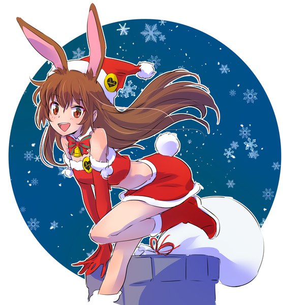 Anime picture 2043x2200 with rwby rooster teeth velvet scarlatina iesupa single tall image looking at viewer highres open mouth simple background brown hair brown eyes animal ears tail :d animal tail bunny ears fur trim snowing christmas