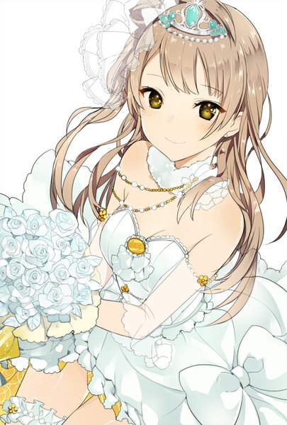 Anime picture 600x888 with love live! school idol project sunrise (studio) love live! minami kotori lpip single long hair tall image looking at viewer blush fringe simple background smile brown hair white background bare shoulders green eyes from above happy looking up