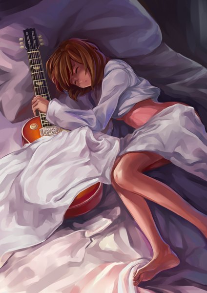 Anime picture 2480x3507 with k-on! kyoto animation hirasawa yui xiamianliele (artist) single tall image highres short hair brown hair eyes closed sleeping girl musical instrument guitar