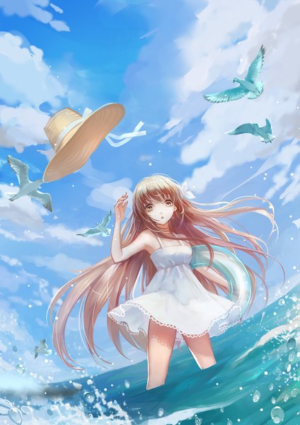 Anime picture 1063x1504 with original wallace (artist) long hair tall image looking at viewer fringe brown hair standing bare shoulders brown eyes sky cloud (clouds) parted lips bare legs sleeveless hat removed girl dress hat animal