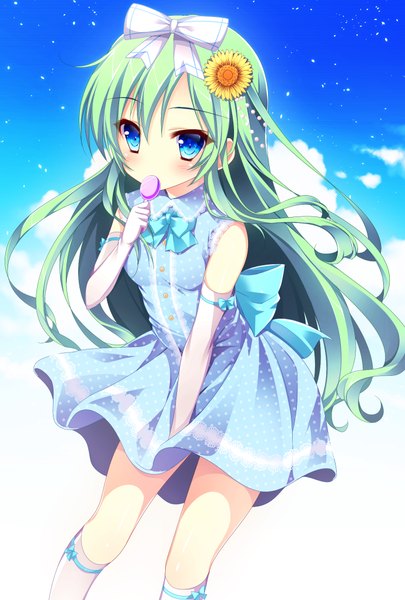 Anime picture 689x1020 with original riko (kujira215) single long hair tall image blush blue eyes green hair loli girl dress gloves hair ornament bow hair bow socks elbow gloves food white gloves sweets