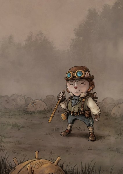 Anime picture 1132x1600 with league of legends teemo (league of legends) single tall image smile light smile steam punk boy gloves weapon hat animal glasses necktie clock goggles pocket watch