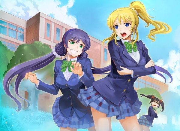 Anime picture 1100x800 with love live! school idol project sunrise (studio) love live! yazawa nico toujou nozomi ayase eli miyo (13th floor) long hair open mouth blue eyes black hair blonde hair smile twintails multiple girls green eyes purple hair outdoors ponytail pleated skirt