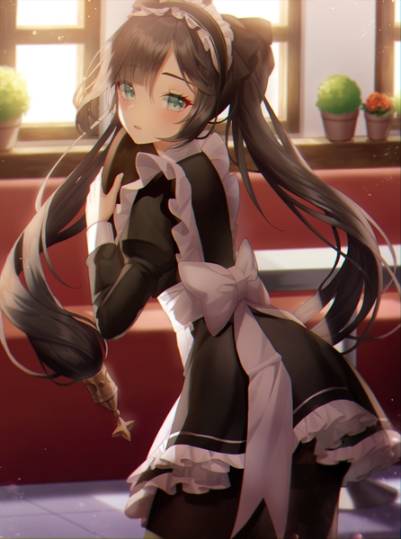 Anime picture 2600x3495 with genshin impact mona megistus meoyo single long hair tall image looking at viewer blush fringe highres open mouth black hair standing twintails holding green eyes payot indoors long sleeves turning head