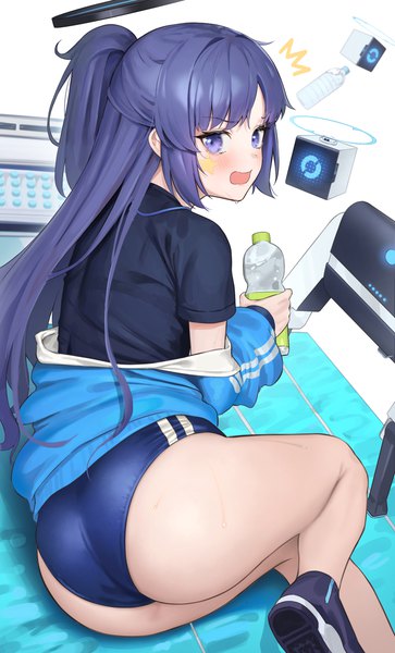 Anime picture 1921x3174 with blue archive yuuka (blue archive) yuuka (gym uniform) (blue archive) ildy single long hair tall image looking at viewer blush fringe highres open mouth light erotic simple background white background purple eyes holding purple hair bent knee (knees) ass