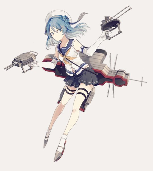 Anime picture 1400x1557 with kantai collection urakaze destroyer o-ishi single long hair tall image blue eyes simple background blue hair looking away full body pleated skirt grey background hair bun (hair buns) twisty sleeves girl skirt gloves uniform hat