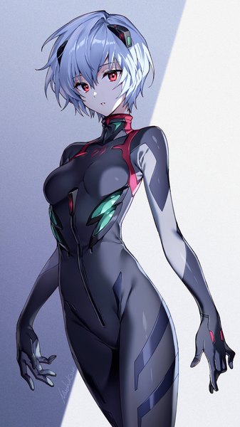 Anime picture 1080x1920 with neon genesis evangelion rebuild of evangelion evangelion: 3.0 you can (not) redo gainax ayanami rei nardack single tall image looking at viewer fringe short hair breasts simple background hair between eyes red eyes standing silver hair parted lips girl hair ornament