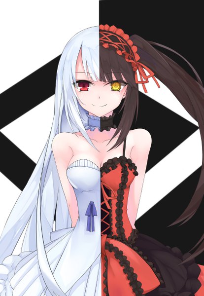 Anime picture 3425x4960 with date a live tokisaki kurumi empty (date a live) amen long hair tall image looking at viewer highres black hair simple background red eyes bare shoulders multiple girls yellow eyes payot absurdres white hair very long hair side ponytail symbol-shaped pupils