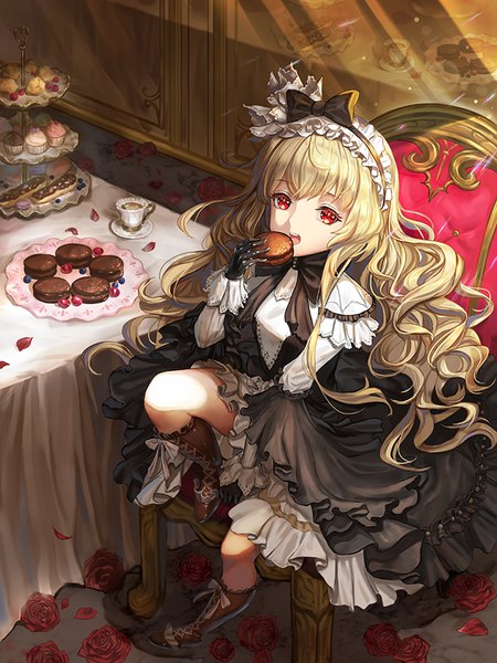 Anime picture 650x867 with original kankito single long hair tall image looking at viewer fringe open mouth blonde hair hair between eyes red eyes sitting holding indoors from above teeth wavy hair lolita fashion girl dress