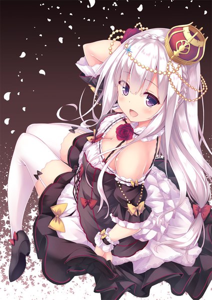 Anime picture 800x1132 with original ryo (botugo) single long hair tall image looking at viewer blush fringe breasts open mouth simple background hair between eyes purple eyes bare shoulders cleavage white hair hair flower from above high heels turning head