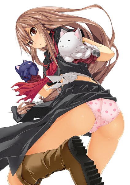 Anime picture 1059x1500 with ookami-san to shichinin no nakama-tachi j.c. staff ookami ryouko date (artist) tall image light erotic brown hair white background brown eyes pantyshot girl serafuku boots cat toy