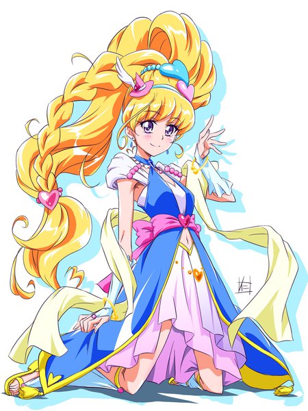 Anime picture 1423x1899 with precure mahou girls precure! toei animation asahina mirai cure miracle nii manabu single long hair tall image looking at viewer blush fringe simple background blonde hair smile white background purple eyes full body braid (braids) kneeling
