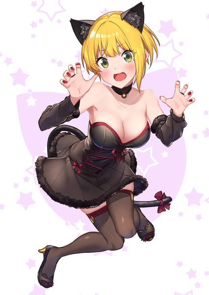 Anime picture 1754x2478 with idolmaster idolmaster cinderella girls miyamoto frederica baffu single tall image blush highres short hair breasts open mouth light erotic blonde hair large breasts green eyes animal ears cleavage full body tail nail polish